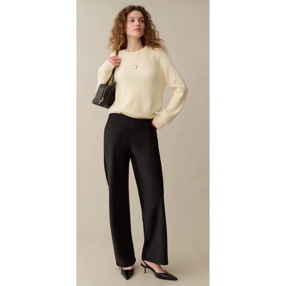 Few Moda Kourt Women Black Satin Wide Leg Pants Elastic Waist K25WPAW1661G M